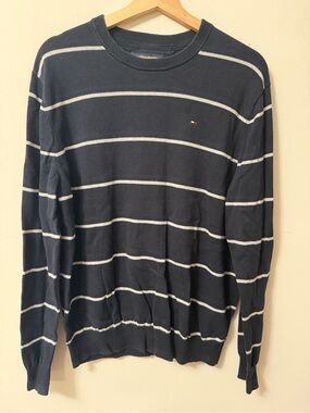 Tommy Hilfiger Navy and White Striped Crewneck Sweater